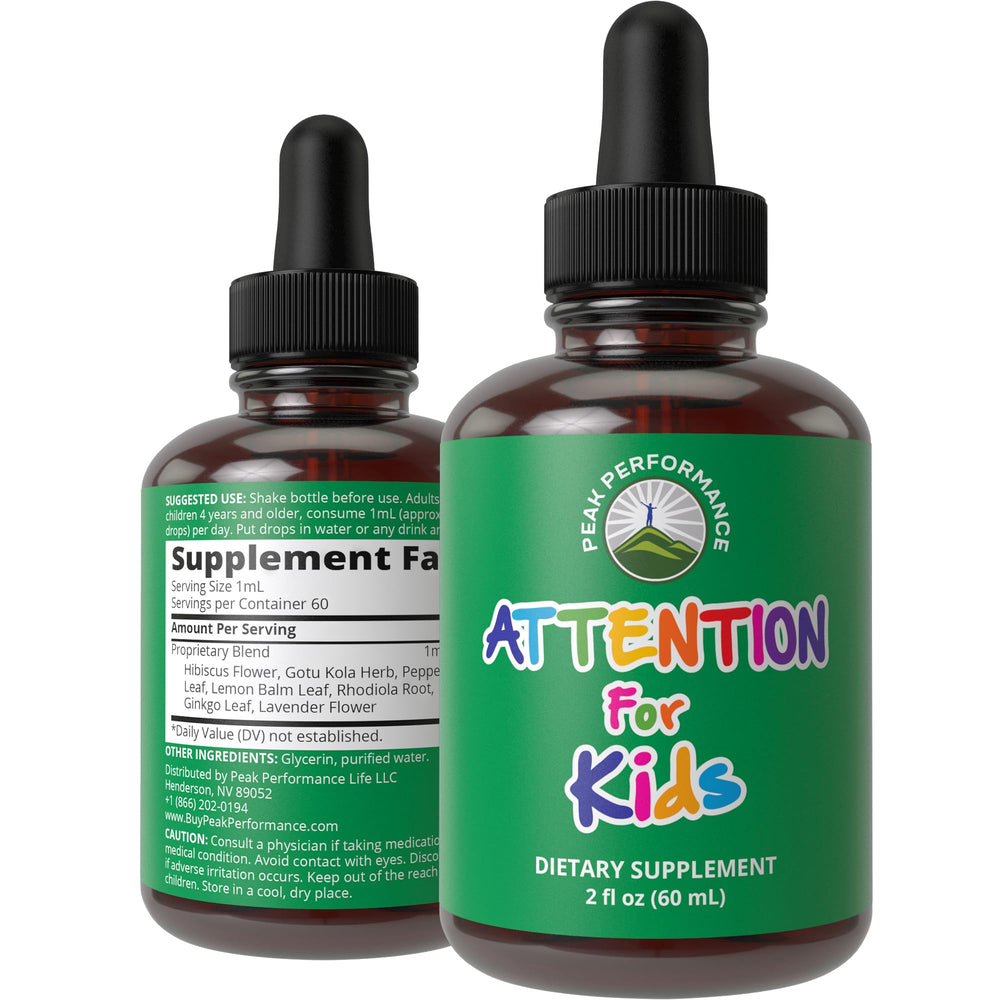 Peak Performance Kids Focus Drops bottle front view for kid friendly focus support