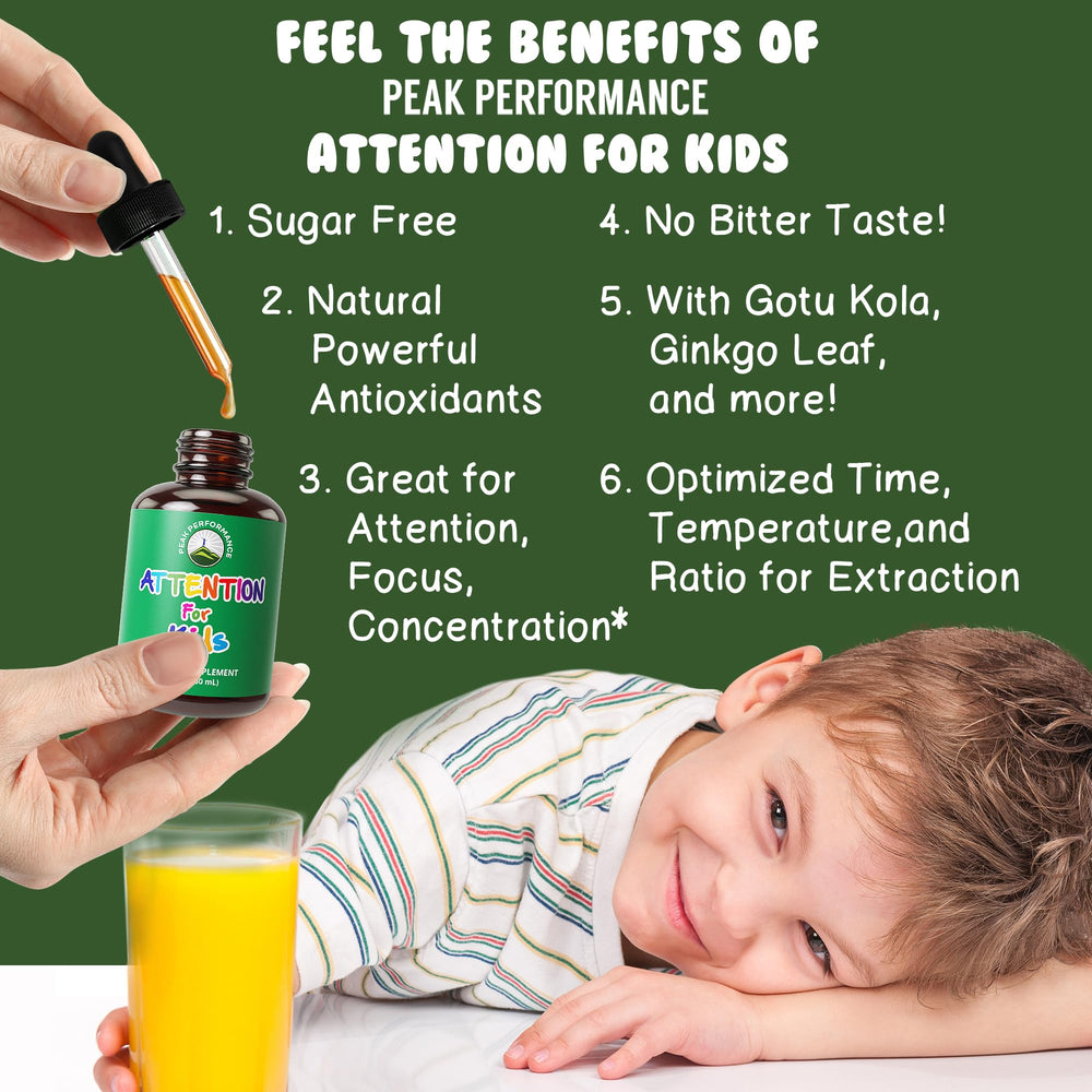 Peak Performance Kids Focus Drops dropper pouring into juice for easy tasteless dosing