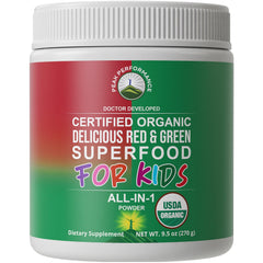 Peak Performance Kids Greens and Reds powder tub, rich organic ingredients for daily nutrition.