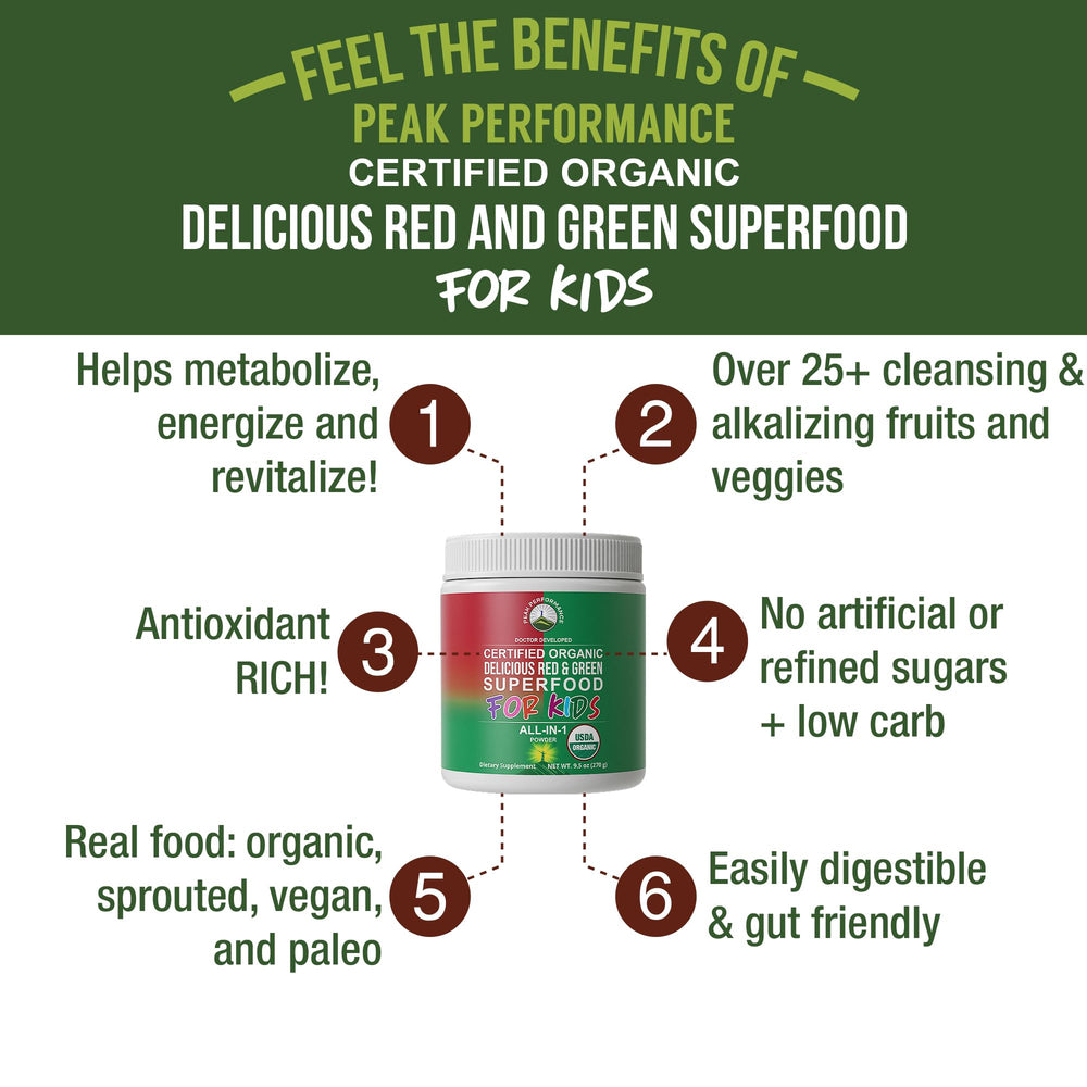 Peak Performance Kids Greens and Reds spoon-dispense image for easy, kid-friendly serving.