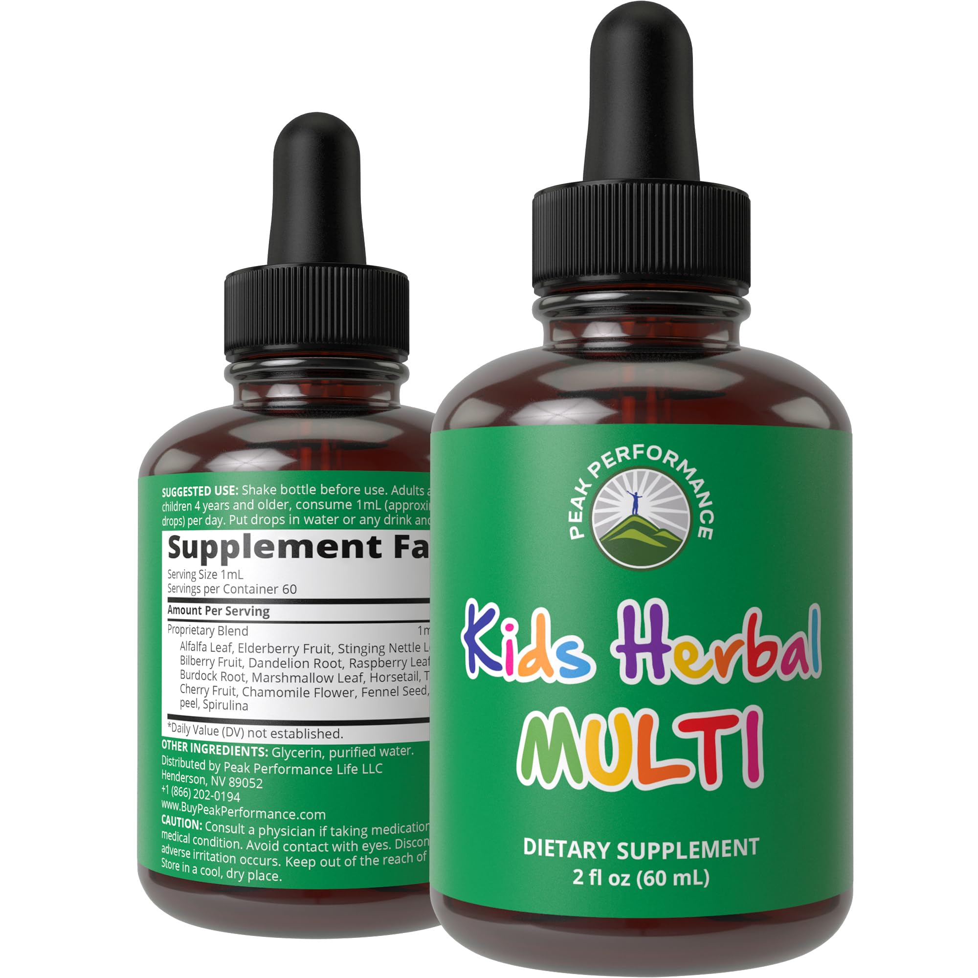 Peak Performance Kids liquid vitamin bottle shows tasteless drops for easy daily use.