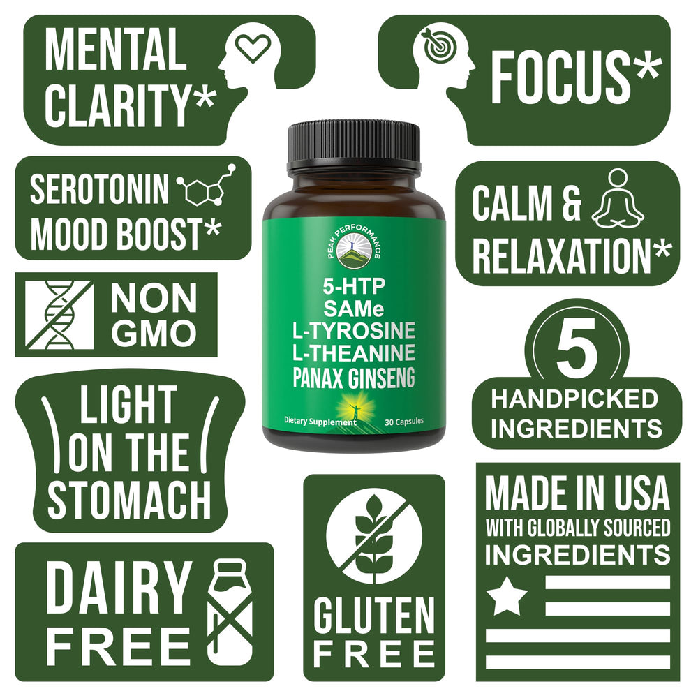 Peak Performance L-Tyrosine capsules for focused energy during tasks.