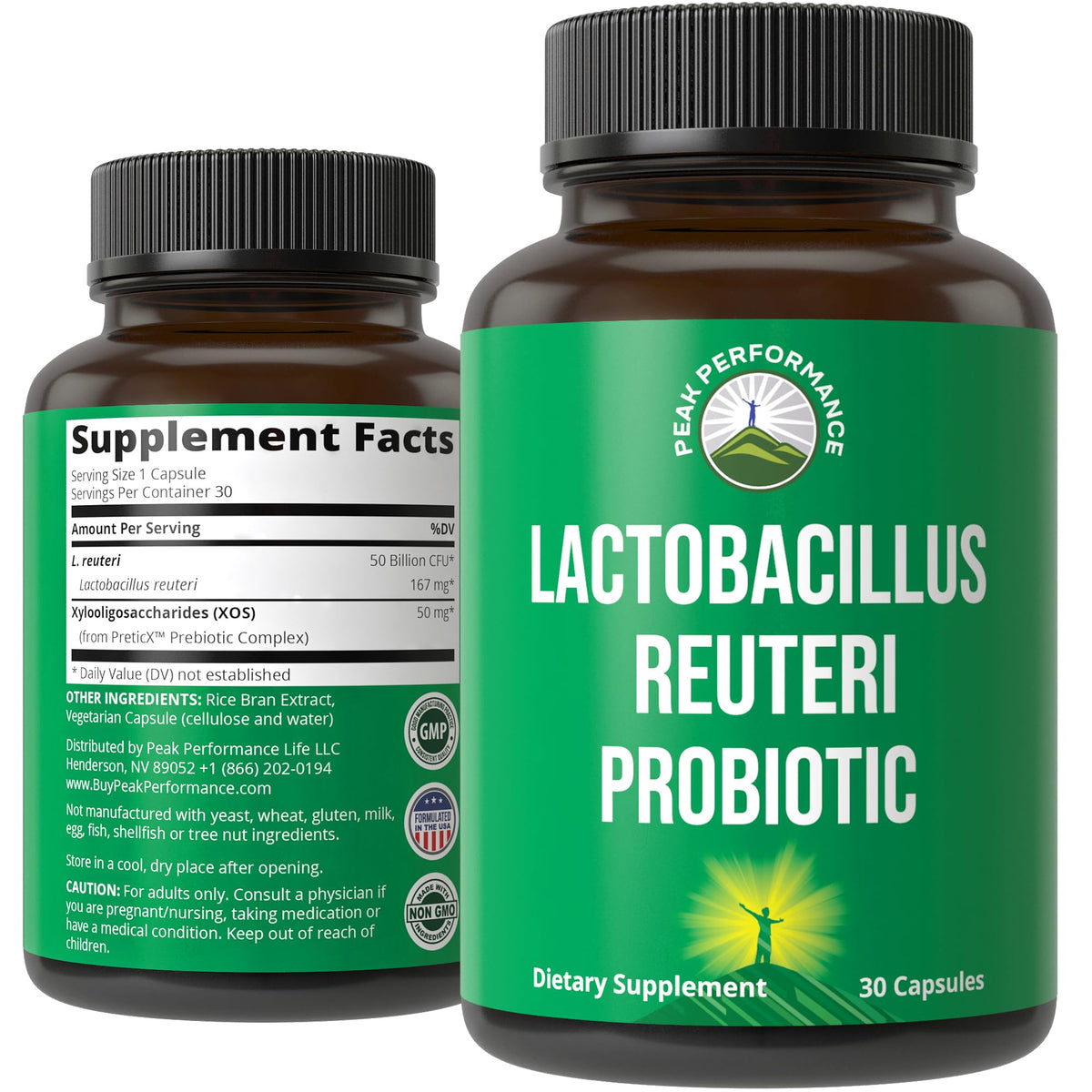 Peak Performance Lactobacillus Reuteri bottle on shelf promoting gut balance