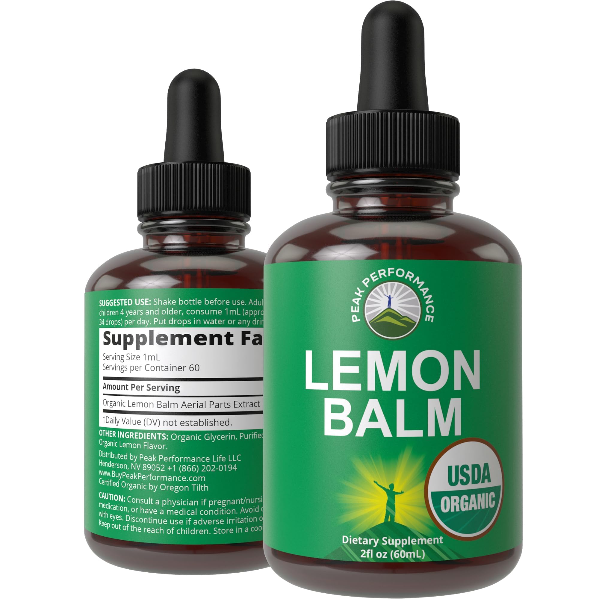 Peak Performance Lemon Balm tincture bottle for daily relaxation and calm.