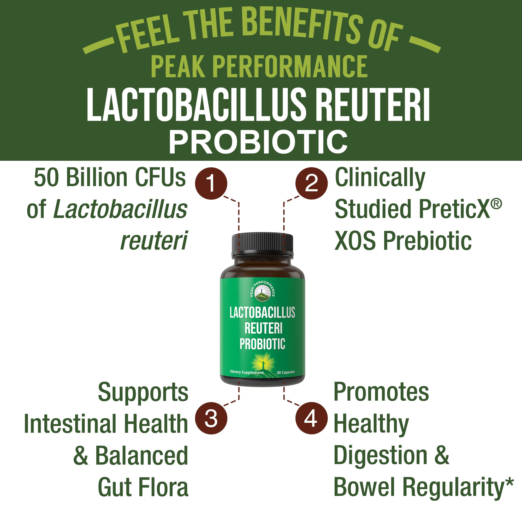 Peak Performance LR Reuteri capsules close-up for daily digestive support