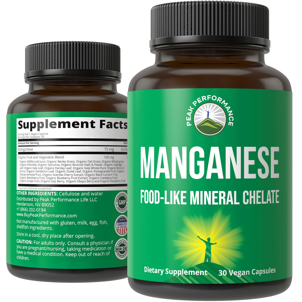 Peak Performance manganese supplement bottle highlighting a pure mineral for enhanced absorption