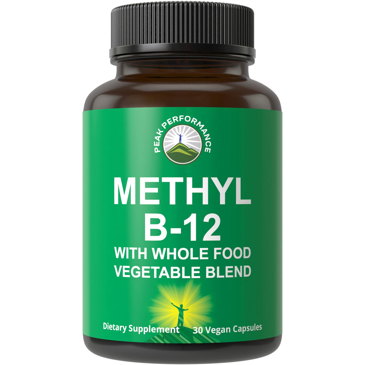 Peak Performance Methyl B12 bottle with capsules supports daily energy and focus.