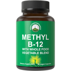 Peak Performance Methyl B12 bottle with capsules supports daily energy and focus.