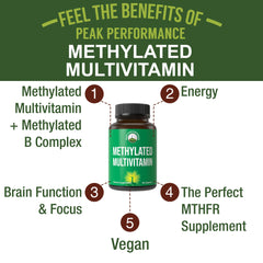 Peak Performance methylated multivitamin bottle back label detailing ingredients