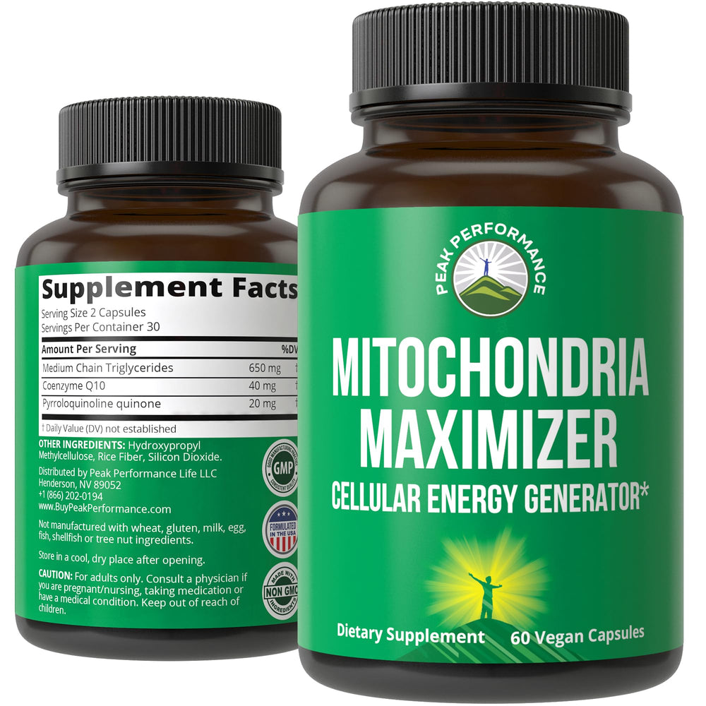Peak Performance Mitochondria Maximizer bottle front view highlighting energy support