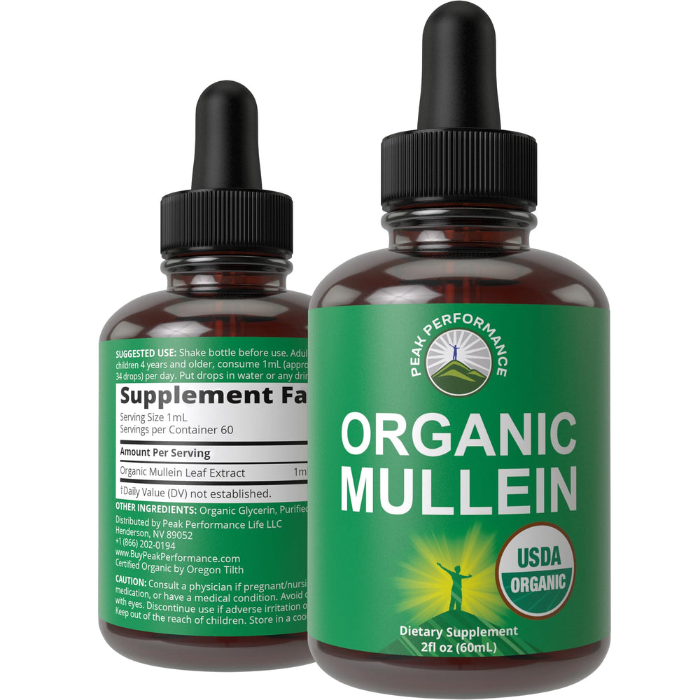 Peak Performance Mullein Leaf Drops bottle on white background for easy dosing.