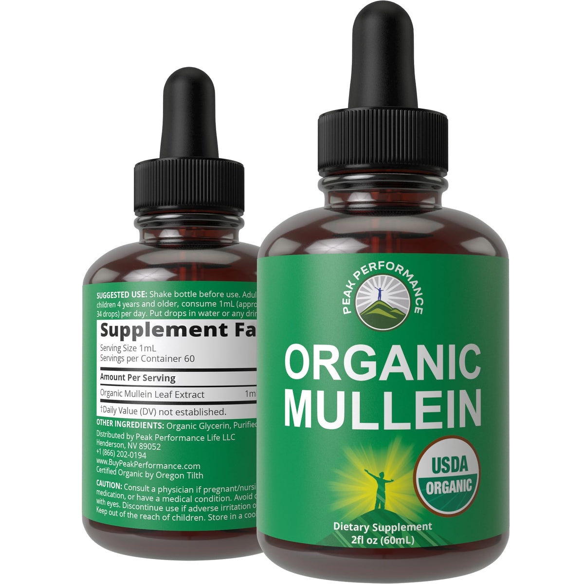 Peak Performance Mullein Leaf Drops bottle on white background for easy dosing.