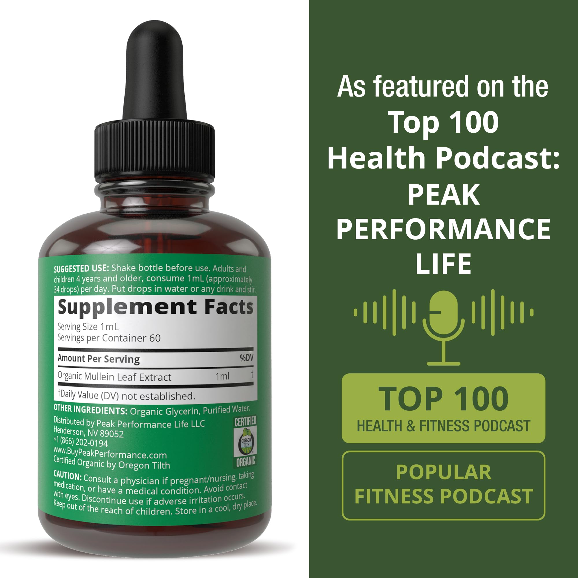 Peak Performance Mullein Leaf Drops glass with drops, zero sugar formula evident.