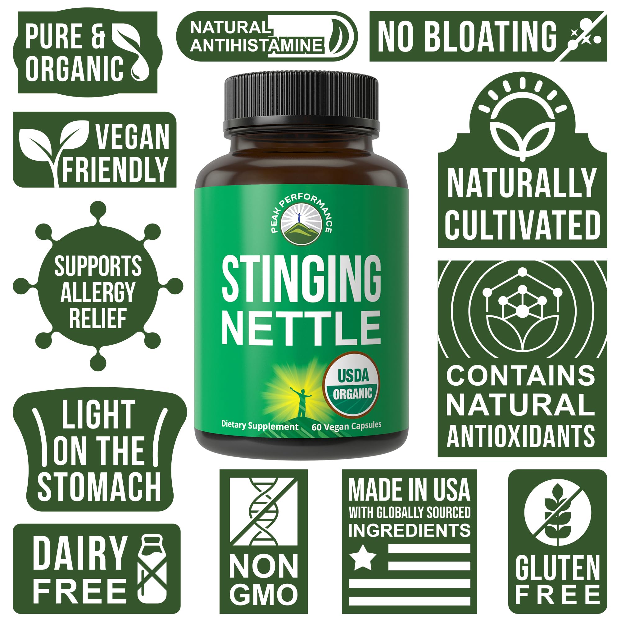 Peak Performance nettle capsules packaging front emphasizes vegan formula and quality