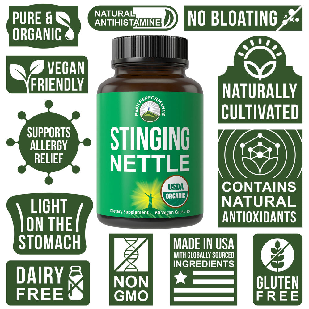 Peak Performance nettle capsules packaging front emphasizes vegan formula and quality