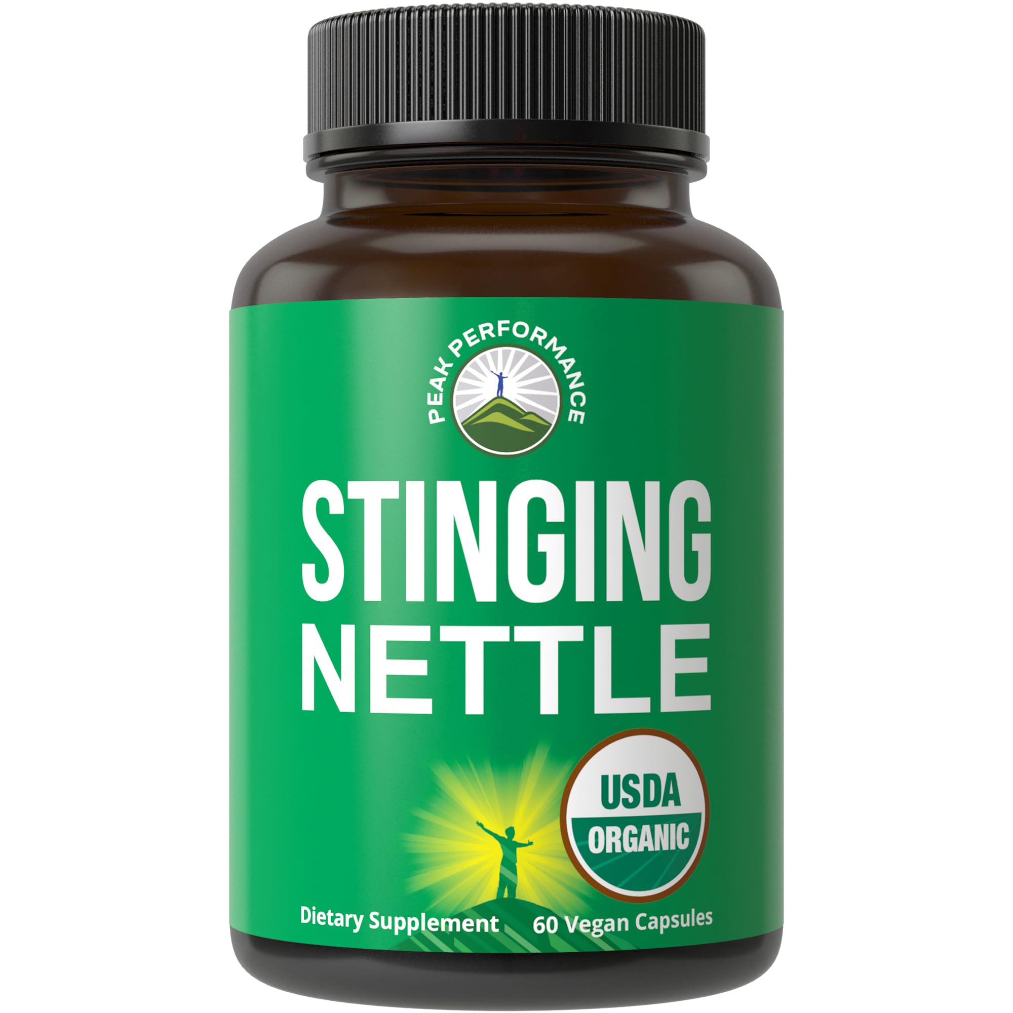 Peak Performance nettle capsules bottle on shelf for natural wellness support