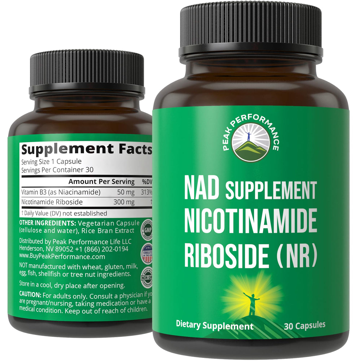 Peak Performance Nicotinamide Riboside bottle highlighting premium NR for NAD+ support.