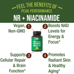 Peak Performance NR capsules close-up showing daily energy and focus support.