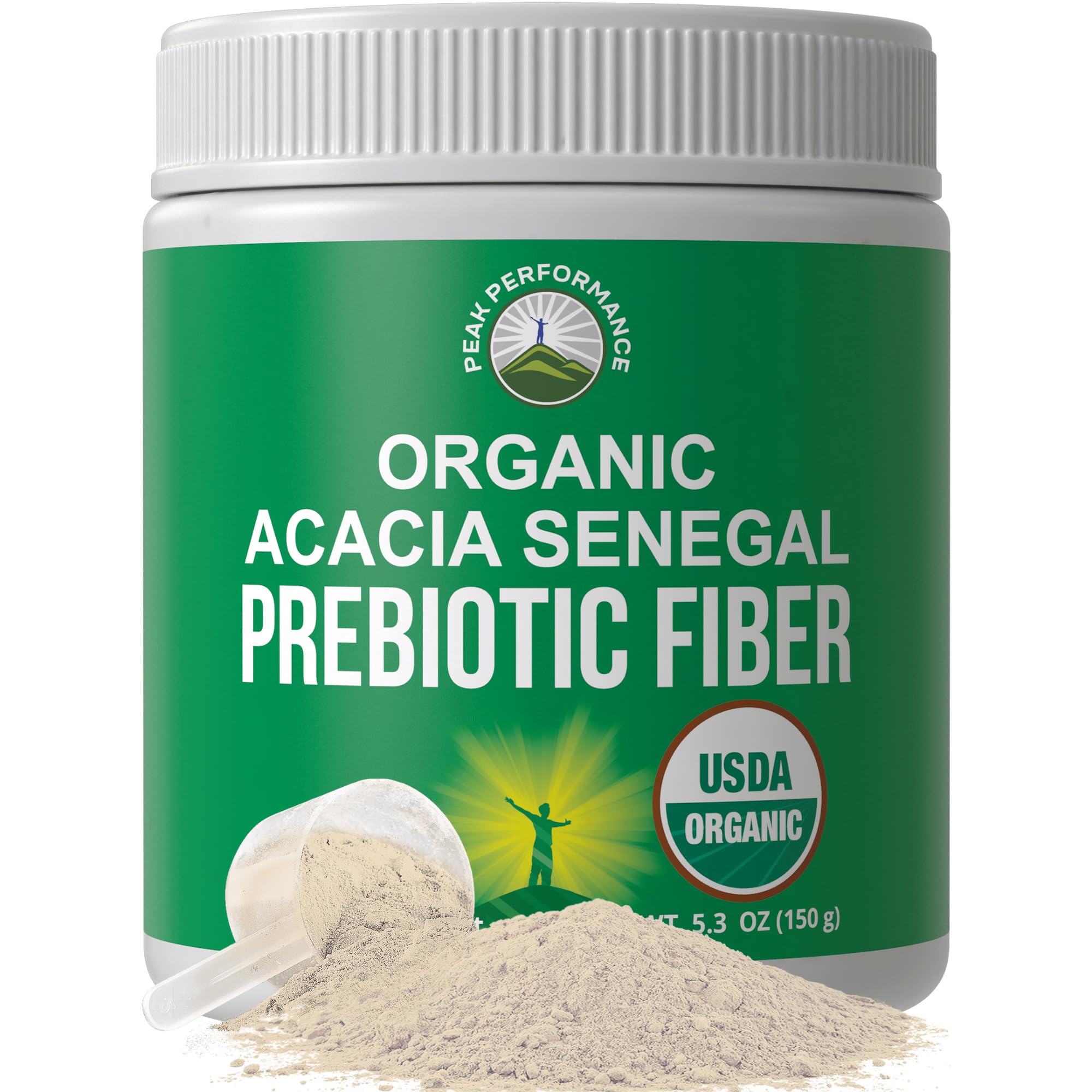 Peak Performance Organic Acacia Senegal bottle pour supports daily gut health.
