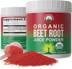 Peak Performance Organic Beet Root Powder tub shown for easy daily use in smoothies.