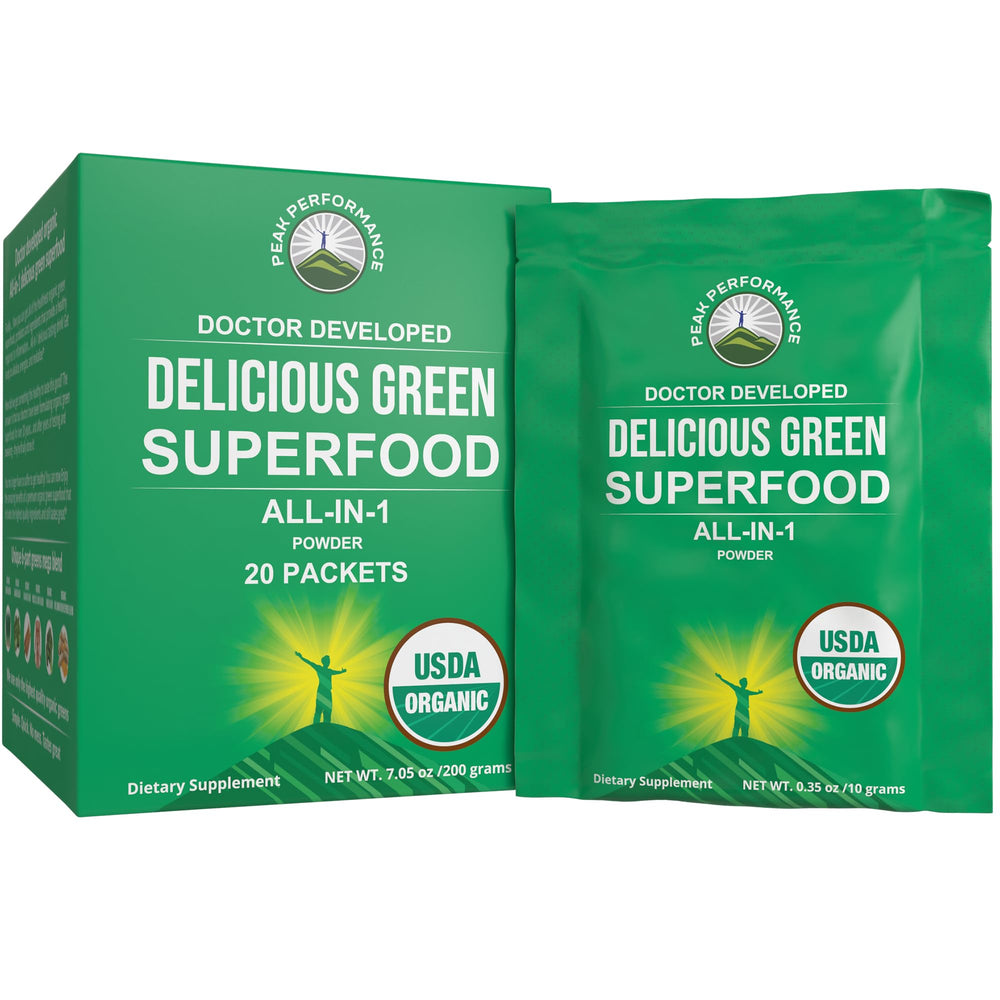 Peak Performance Organic Greens packet front for on-the-go energy and nutrition.