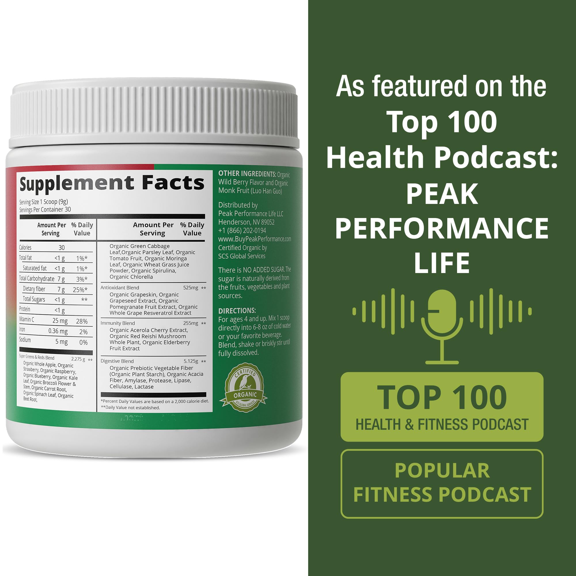 Peak Performance organic-plant-power-closeup showing spirulina and chlorella minerals.