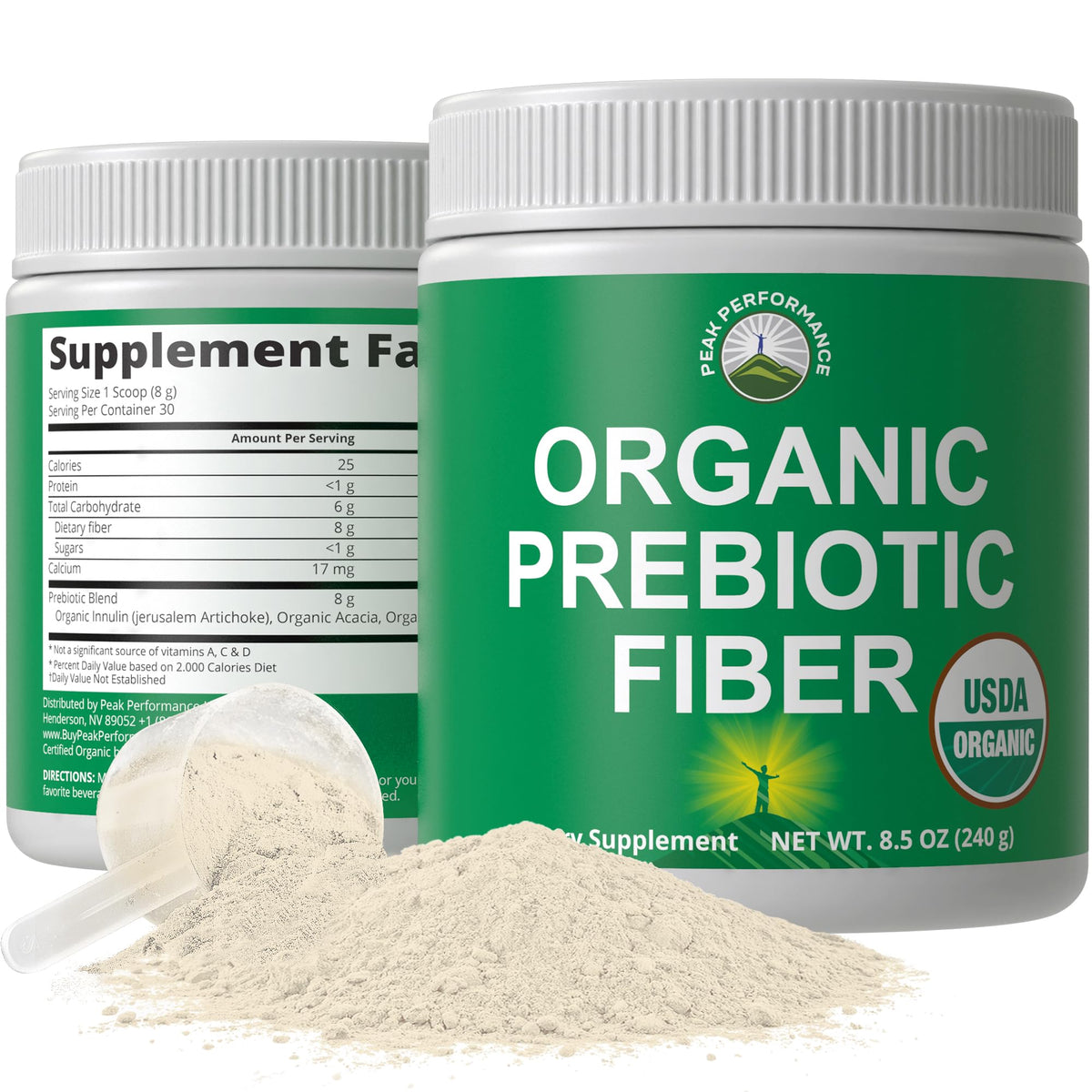 Peak Performance Organic Prebiotic Fiber bottle on kitchen counter for daily gut support.