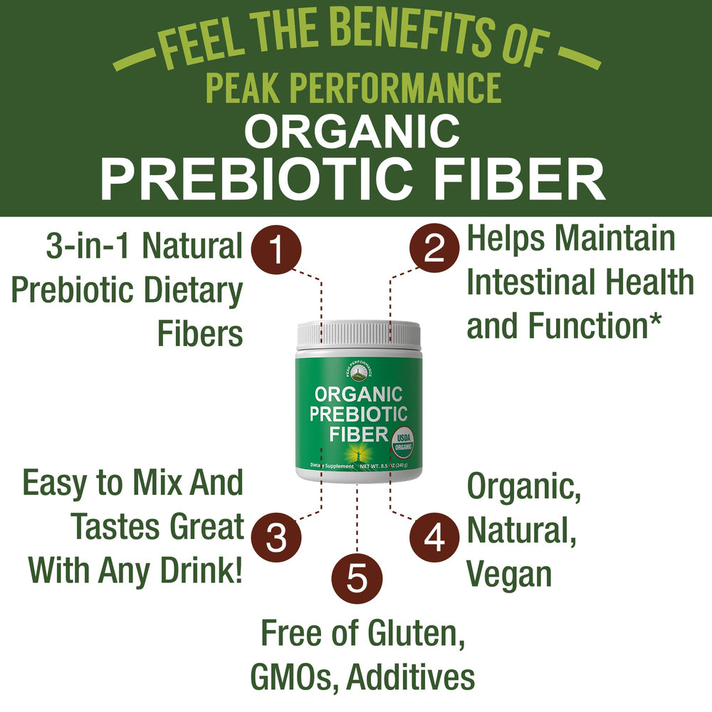 Peak Performance Organic Prebiotic Fiber scoop beside the jar for easy dosing.