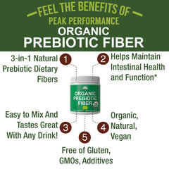 Peak Performance Organic Prebiotic Fiber scoop beside the jar for easy dosing.