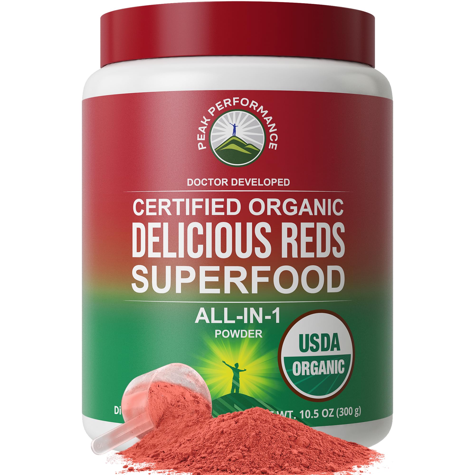 Peak Performance Organic Reds bottle close-up showing premium organic ingredients for daily vitality.