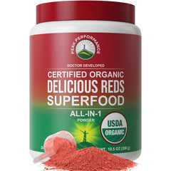 Peak Performance Organic Reds bottle close-up showing premium organic ingredients for daily vitality.