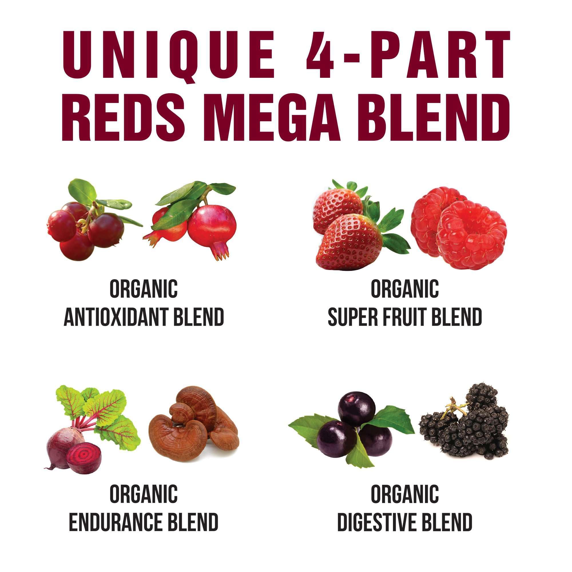 Peak Performance Organic Reds container label highlights organic, sprouted, vegan ingredients.