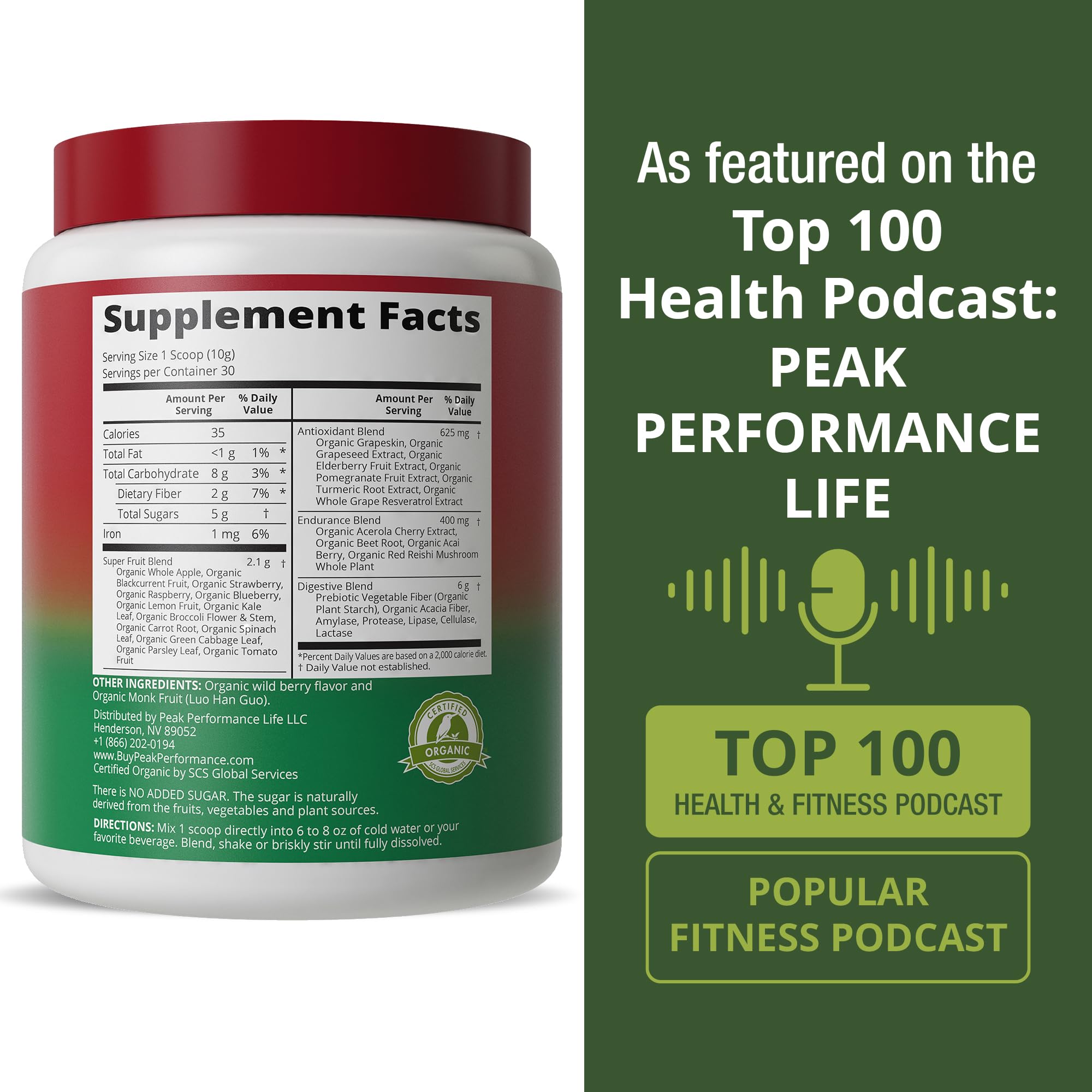 Hand holding Peak Performance Organic Reds scoop signals simple daily routine.