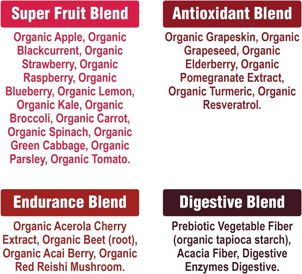 Scoop beside a glass of Peak Performance Organic Reds ready for a quick shake.