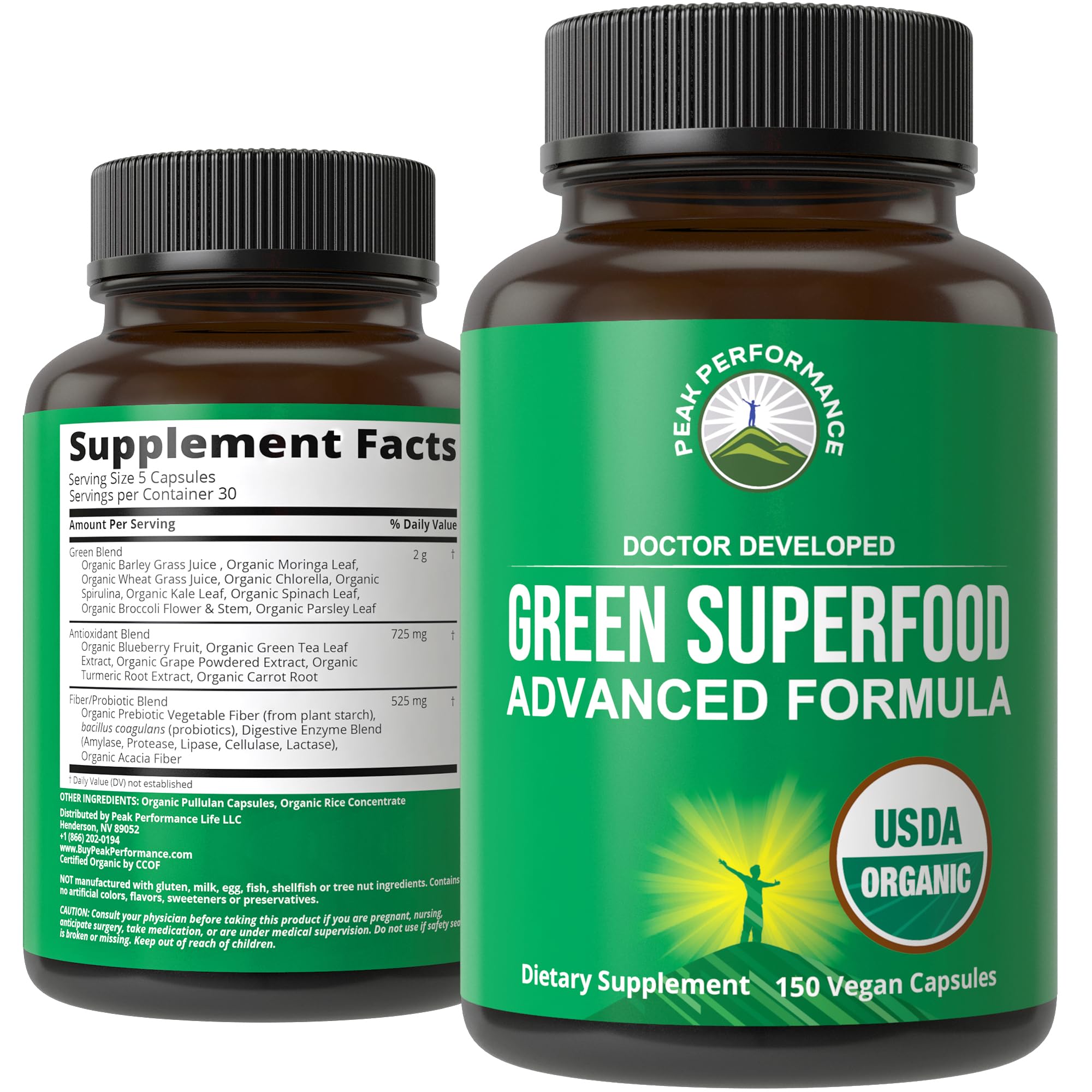 Peak Performance Organic Super Greens bottle front for daily greens boost.