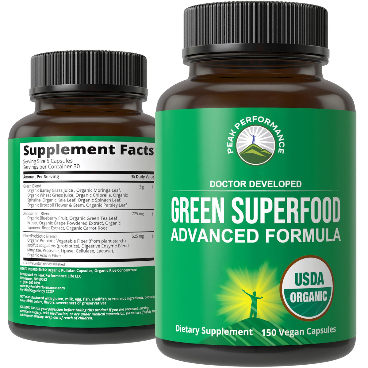 Peak Performance Organic Super Greens bottle front for daily greens boost.