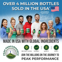 Peak Performance Organic Super Greens ingredients label highlights kale and spirulina.