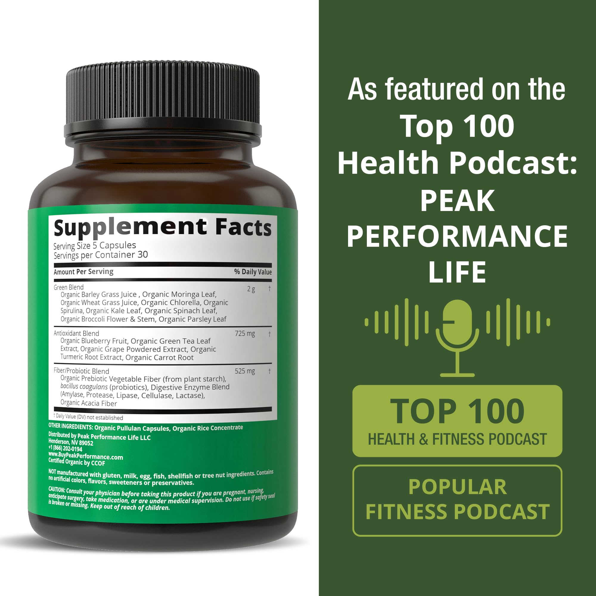 Peak Performance Organic Super Greens blend image showing 25 organic ingredients.