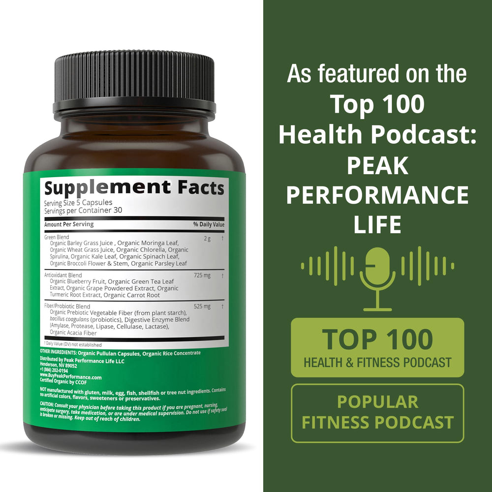 Peak Performance Organic Super Greens blend image showing 25 organic ingredients.