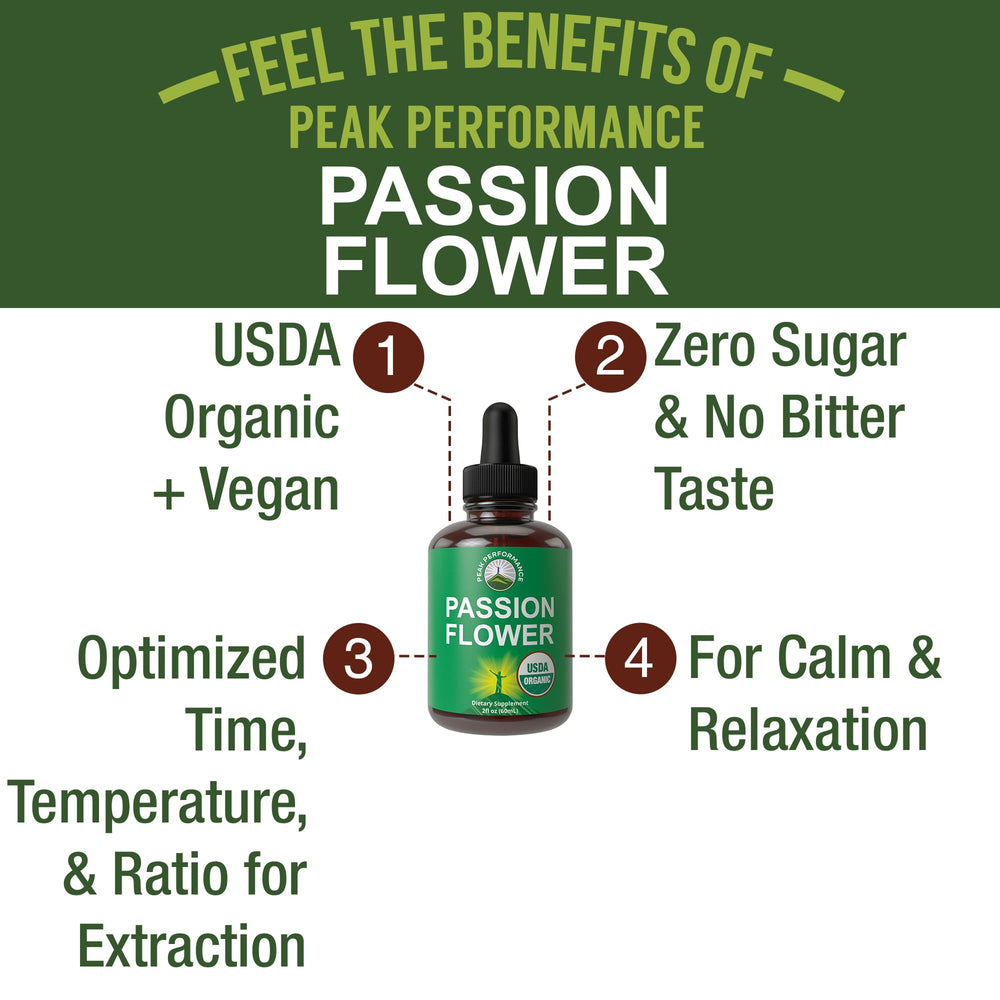 Peak Performance passion flower drops pour demonstrates easy mixing into tea, juice, or water for convenience.