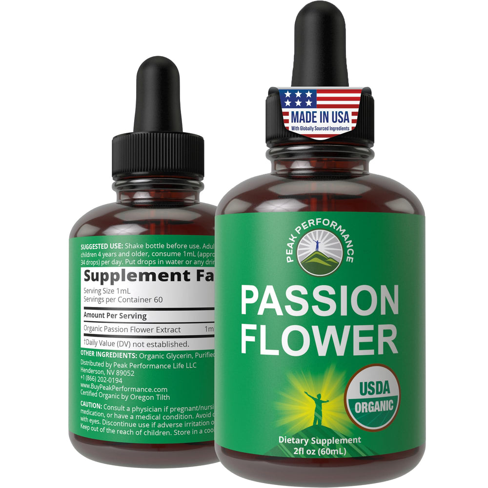 Peak Performance passion flower liquid drops bottle gentle relaxation with high bioavailability.