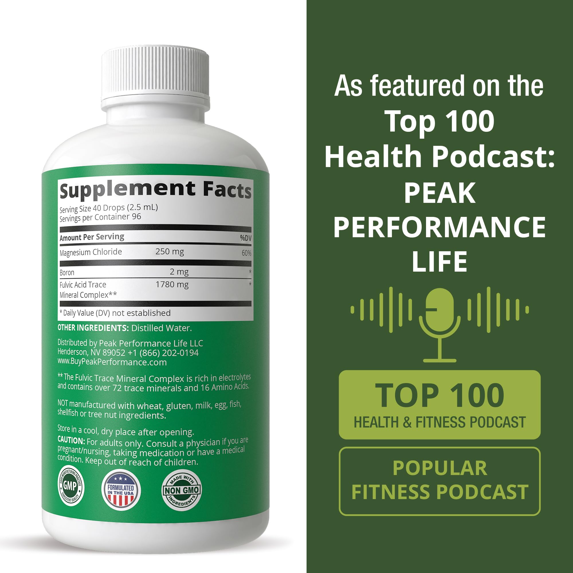 Peak Performance plant-based fulvic minerals sourcing highlights natural origin.