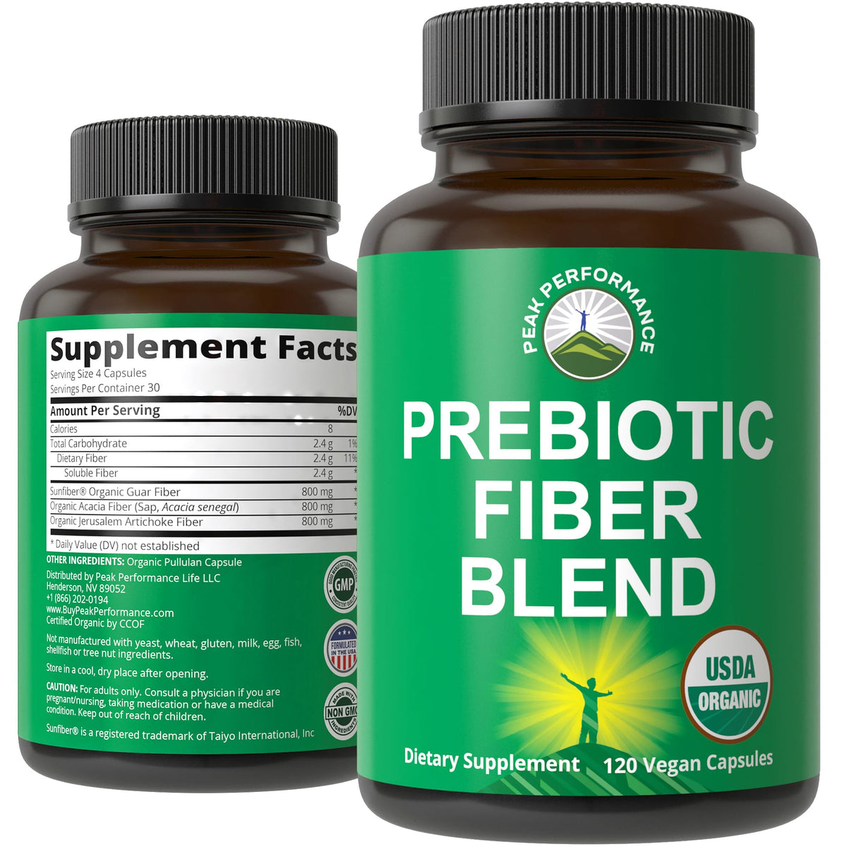 Peak Performance prebiotic fiber bottle with inulin supports gut balance and digestion