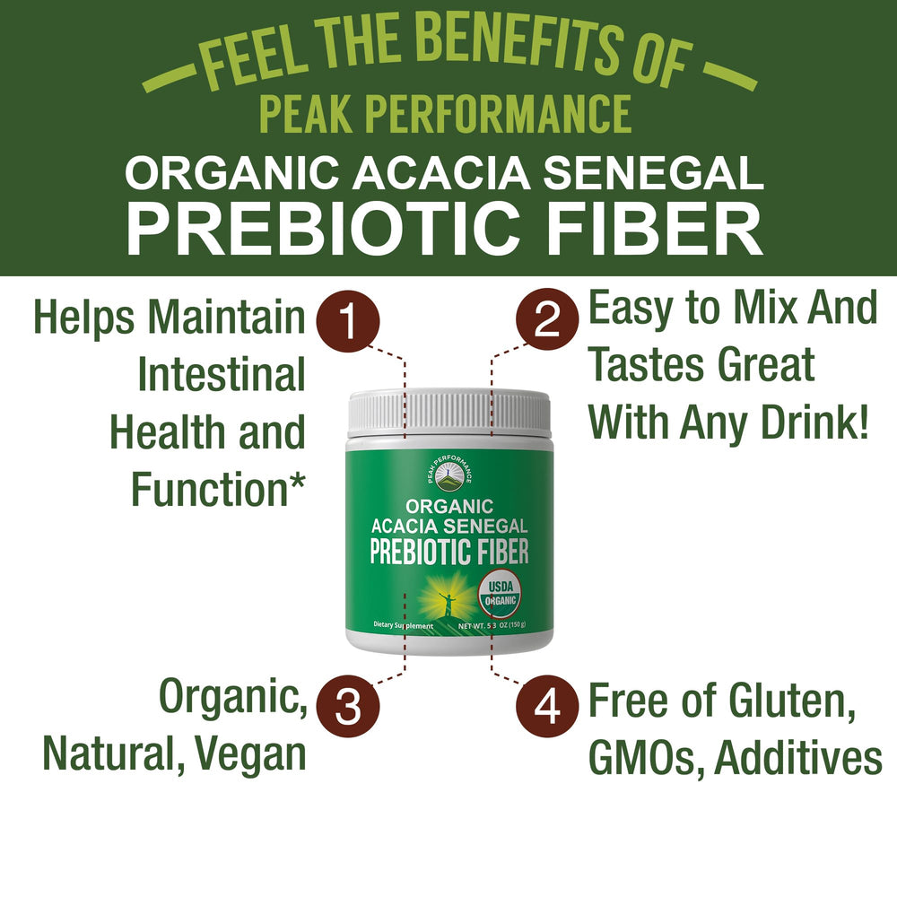 Peak Performance prebiotic fiber scoop dispensing demonstrates convenient mixing for digestive wellness.
