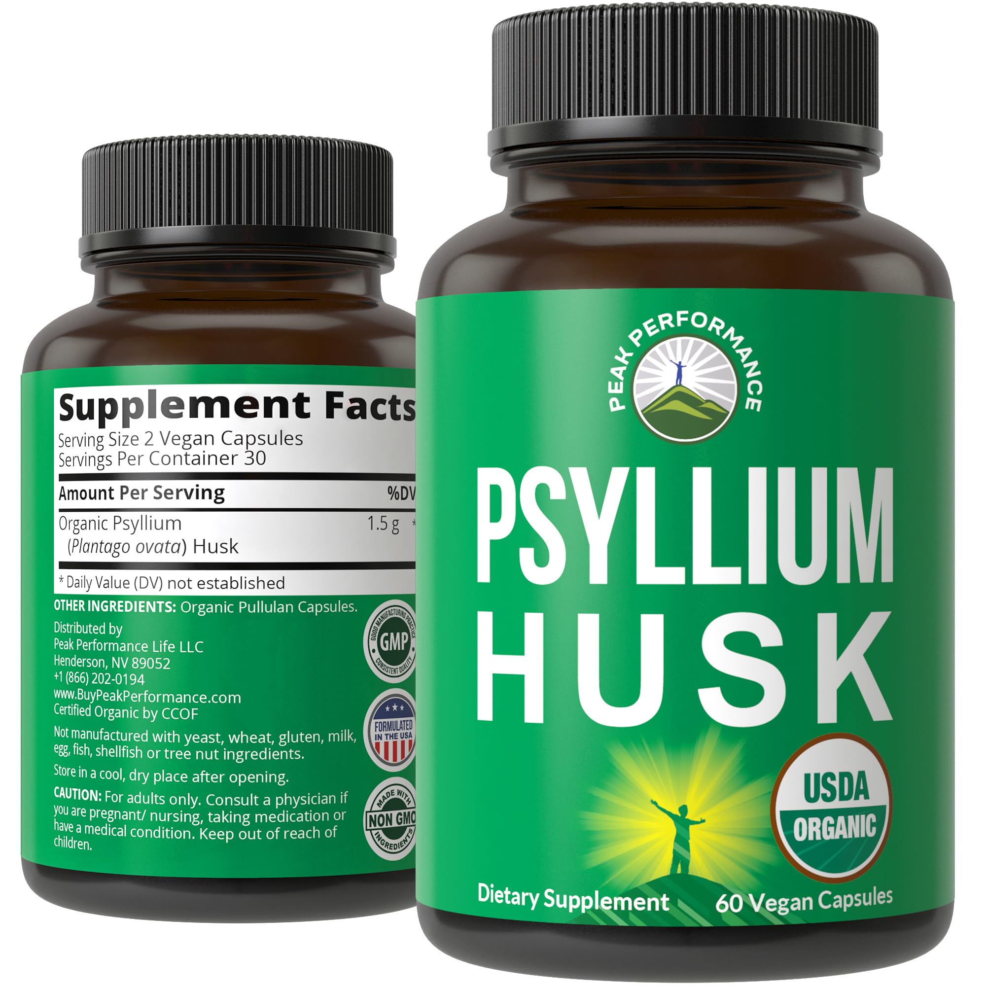 Peak Performance psyllium husk capsules bottle front showing packaging for digestive support