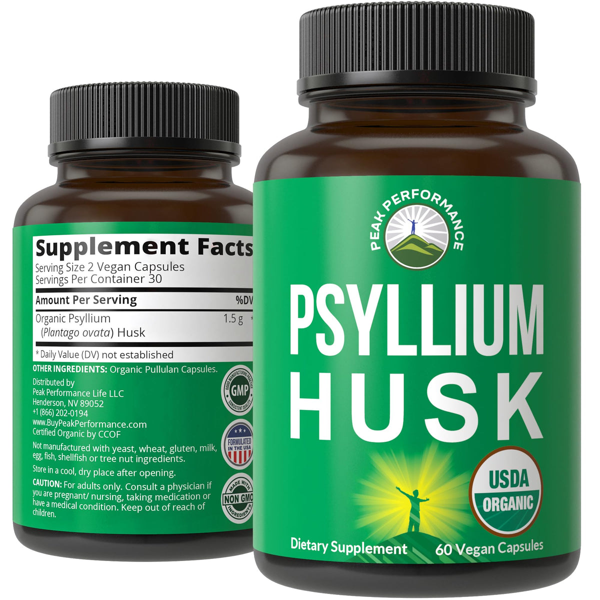 Peak Performance psyllium husk capsules bottle front showing packaging for digestive support
