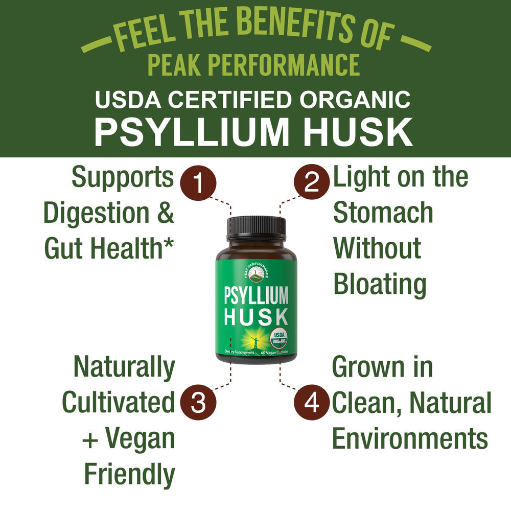 Peak Performance psyllium husk capsules label close-up highlighting organic certification and clean ingredients