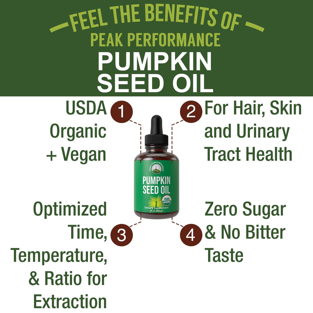 Peak Performance pumpkin seed oil drops ready to mix into drinks for convenient, tasteless supplementation.