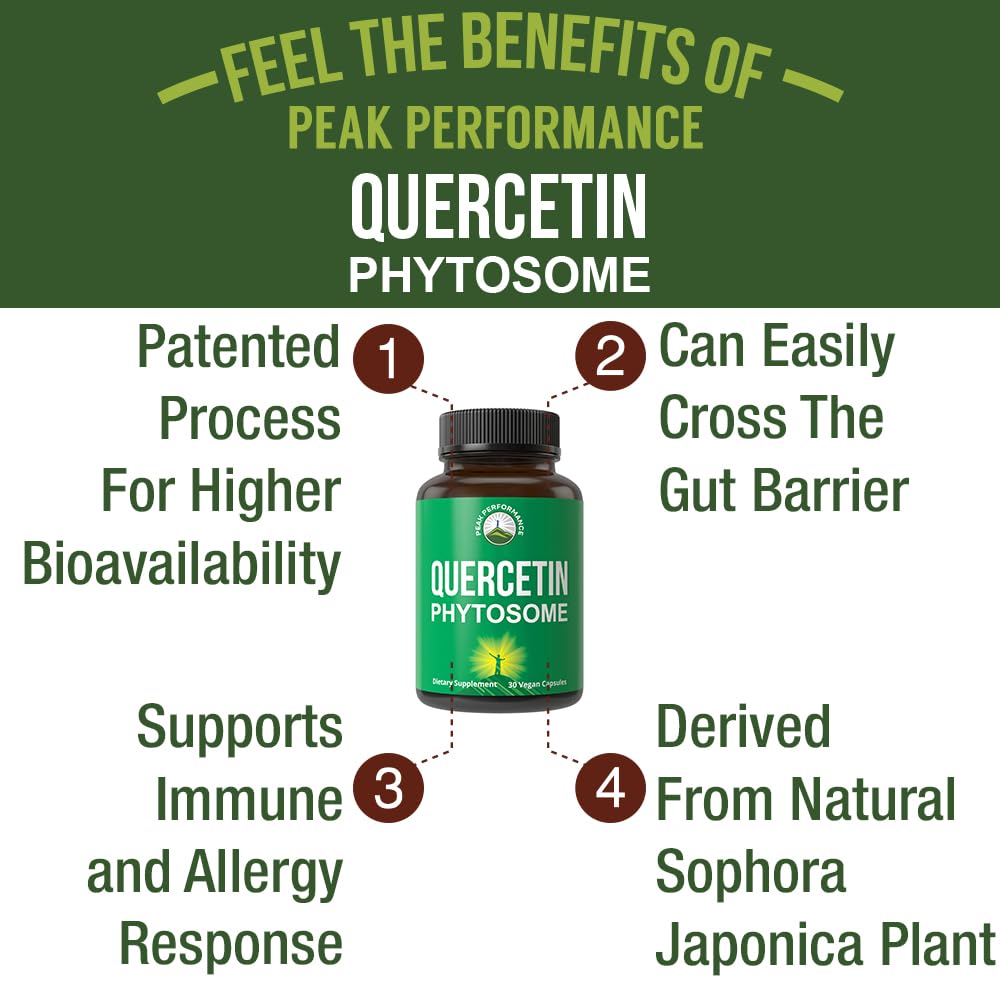 Close-up of Peak Performance quercetin capsules showing easy-to-swallow vegan capsules