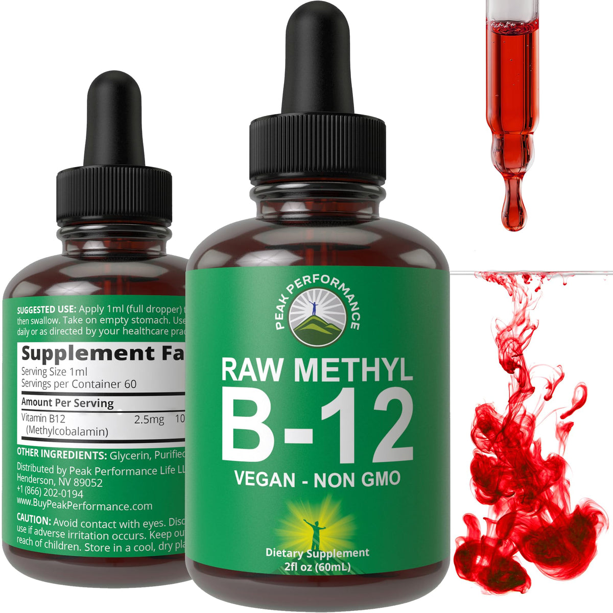 Peak Performance Raw Methyl B12 drops in bottle for quick energy